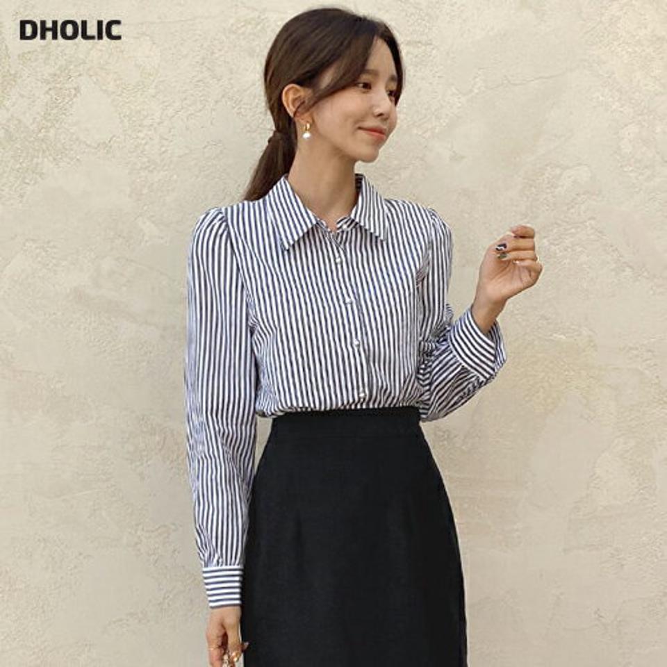 2TYPEパール調ボタンシャツブラウス・全2色・b65211 レディース 【bl】韓国ファッション トップス ブラウス 長袖 カラーネック パール調 ボタン シャツブラウス 無地 ストライプ 大人 上品 シンプル カジュアル フェミニン 体型カバー 秋 春