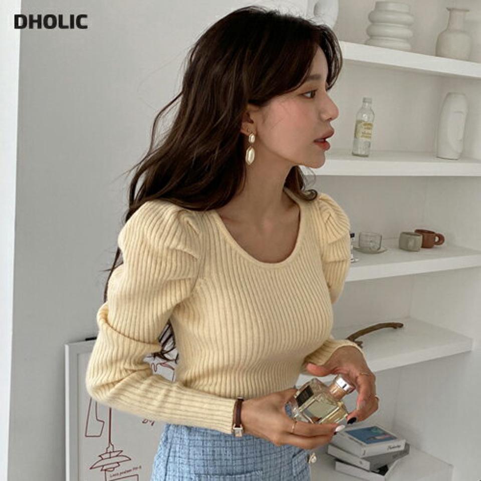 【只今10%OFF】パフスリーブリブニット・全4色・b65212 レディース 【tops】韓国ファッション トップス ニット 大人 長袖 ラウンドネック パフ スリーブリブ カラーニット 厚手 無地 ベーシック シンプル 体型カバー スリム フェミニン 上品 秋 冬【ニットセール】
