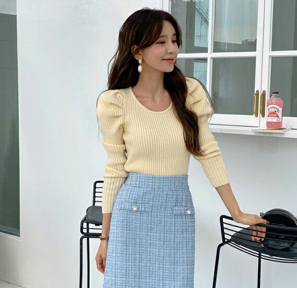【只今10%OFF】パフスリーブリブニット・全4色・b65212 レディース 【tops】韓国ファッション トップス ニット 大人 長袖 ラウンドネック パフ スリーブリブ カラーニット 厚手 無地 ベーシック シンプル 体型カバー スリム フェミニン 上品 秋 冬【ニットセール】