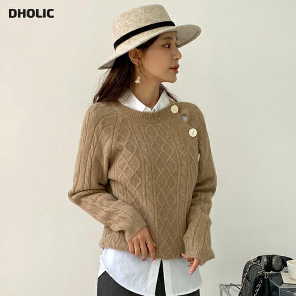 ダイアゴナルボタンケーブルニット・全3色・t65214 レディース 【tops】韓国ファッション トップス ニット 大人 長袖 ラウンドネック ケーブル編み ダイアゴナル ボタン シンプル ルーズ フェミニン 上品 秋 冬
