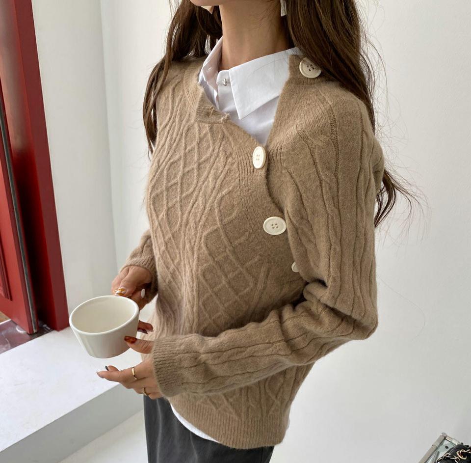 ダイアゴナルボタンケーブルニット・全3色・t65214 レディース 【tops】韓国ファッション トップス ニット 大人 長袖 ラウンドネック ケーブル編み ダイアゴナル ボタン シンプル ルーズ フェミニン 上品 秋 冬
