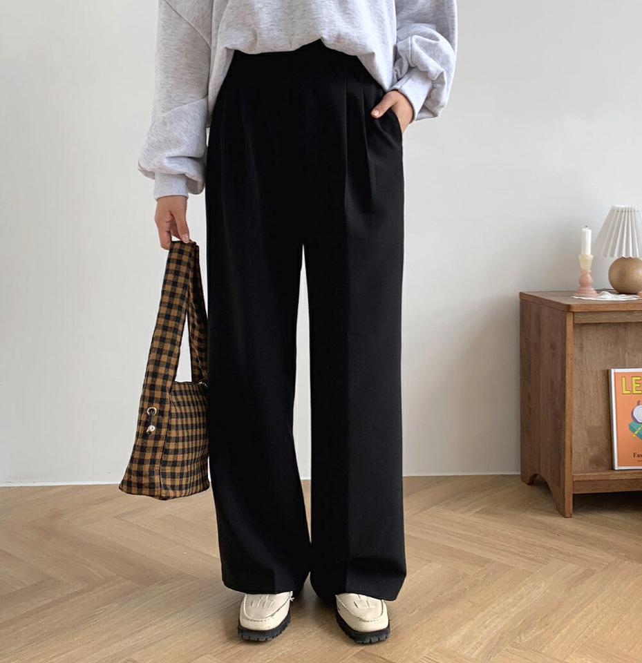 ウール混ツータックスラックス・全2色・t01150 レディース 【pt】韓国ファッション ボトムス パンツ ロング ロングパンツ スラックスパンツ スラックス ウール混 ツータック ロング丈 無地 足長 細身 着痩せ 体型カバー シンプル 春 秋 NIJU