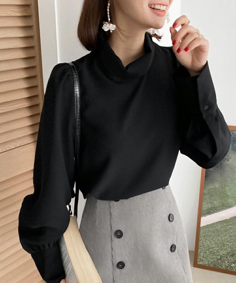 ハイネックロングカフスブラウス・全4色・b66079 レディース 【bl】韓国ファッション トップス ブラウス 長袖 ハイネック ロングカフス 大人 上品 無地 ベーシック シンプル フェミニン ガーリー カジュアル 秋 冬