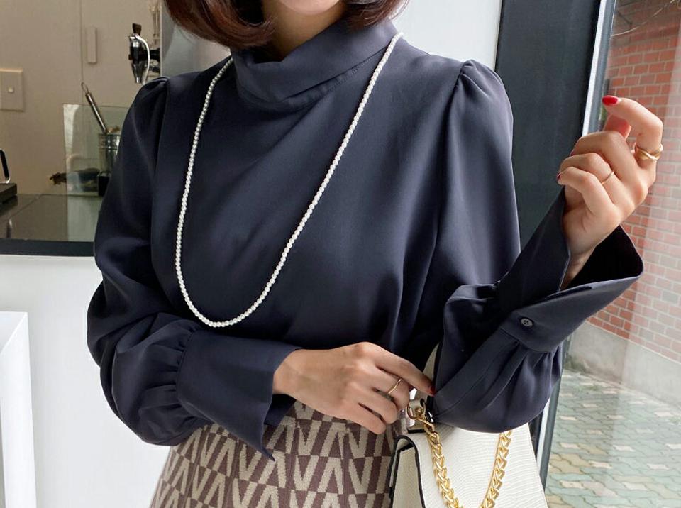 ハイネックロングカフスブラウス・全4色・b66079 レディース 【bl】韓国ファッション トップス ブラウス 長袖 ハイネック ロングカフス 大人 上品 無地 ベーシック シンプル フェミニン ガーリー カジュアル 秋 冬