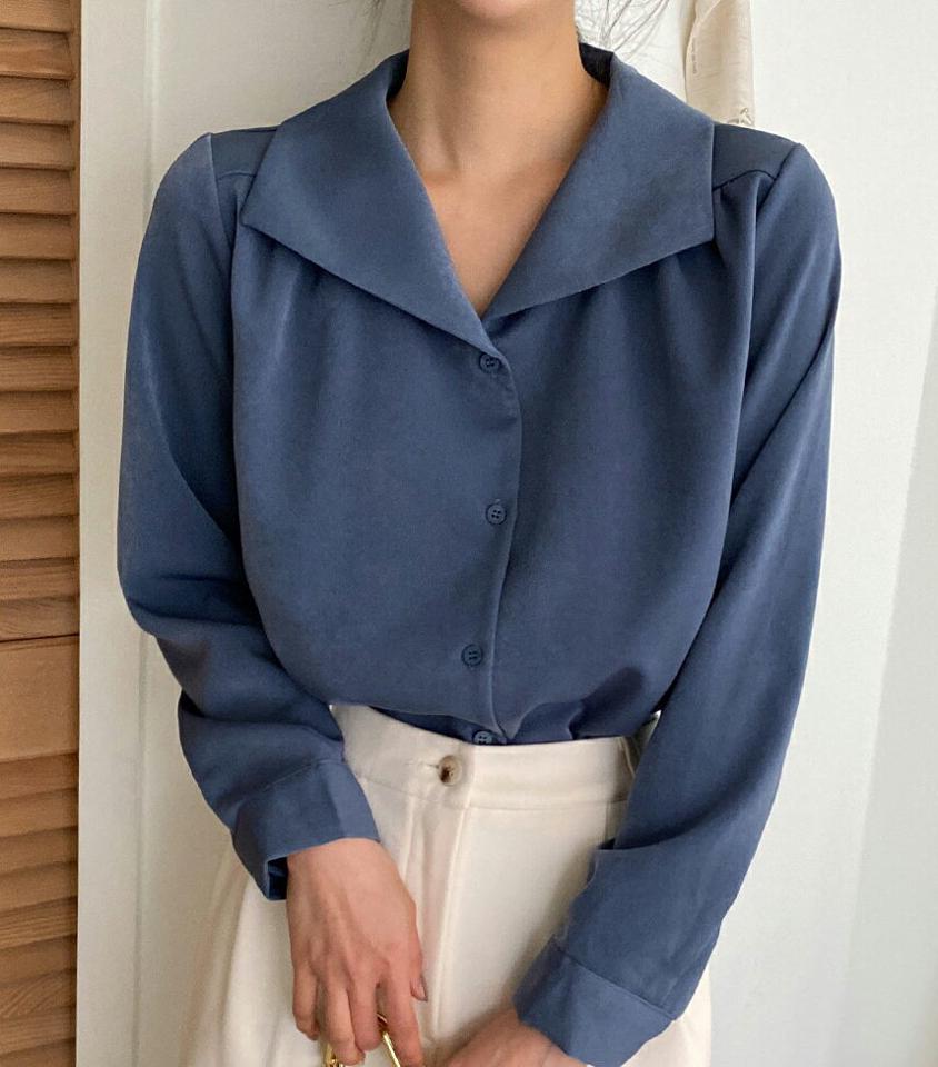 ビッグカラーブラウス・全4色・t66078 レディース 【bl】韓国ファッション トップス ブラウス 長袖 カラーネック ビッグカラー ギャザー 大人 上品 無地 ベーシック シンプル フェミニン 体型カバー ガーリー カジュアル 秋 春