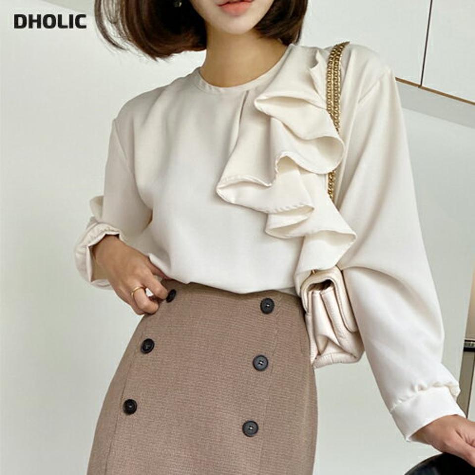 フリルラウンドブラウス・全3色・t66062 レディース 【bl】韓国ファッション トップス ブラウス 長袖 ラウンドネック フリル 大人 上品 無地 ベーシック シンプル フェミニン 体型カバー ガーリー オフィスカジュアル 秋 春