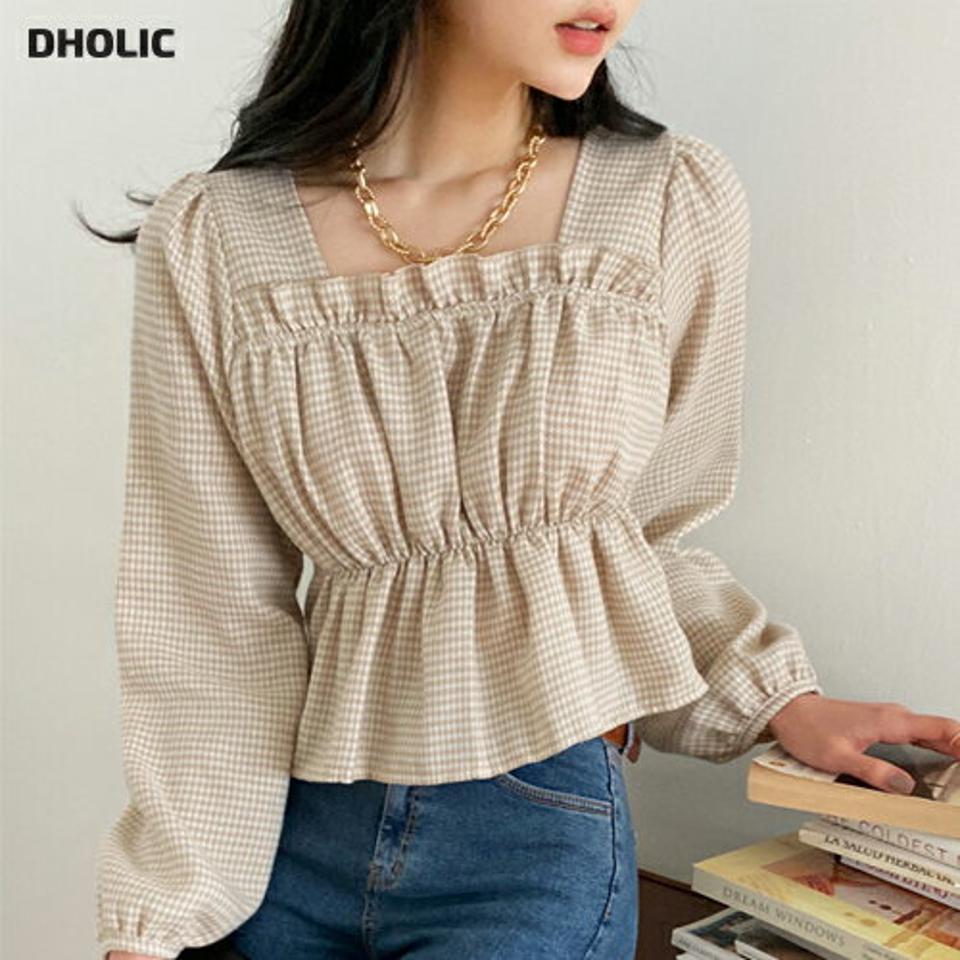ハウンドトゥースチェックフリルブラウス・全3色・t66072 レディース 【bl】韓国ファッション トップス ブラウス 長袖 ハウンドトゥース チェック フリル クロップド丈 大人 上品 シンプル フェミニン 体型カバー ガーリー カジュアル 秋 春