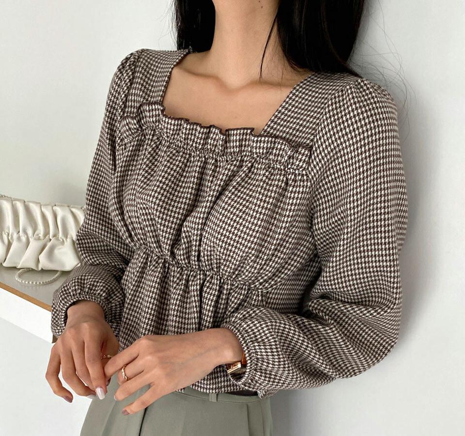 ハウンドトゥースチェックフリルブラウス・全3色・t66072 レディース 【bl】韓国ファッション トップス ブラウス 長袖 ハウンドトゥース チェック フリル クロップド丈 大人 上品 シンプル フェミニン 体型カバー ガーリー カジュアル 秋 春