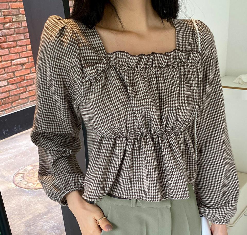 ハウンドトゥースチェックフリルブラウス・全3色・t66072 レディース 【bl】韓国ファッション トップス ブラウス 長袖 ハウンドトゥース チェック フリル クロップド丈 大人 上品 シンプル フェミニン 体型カバー ガーリー カジュアル 秋 春