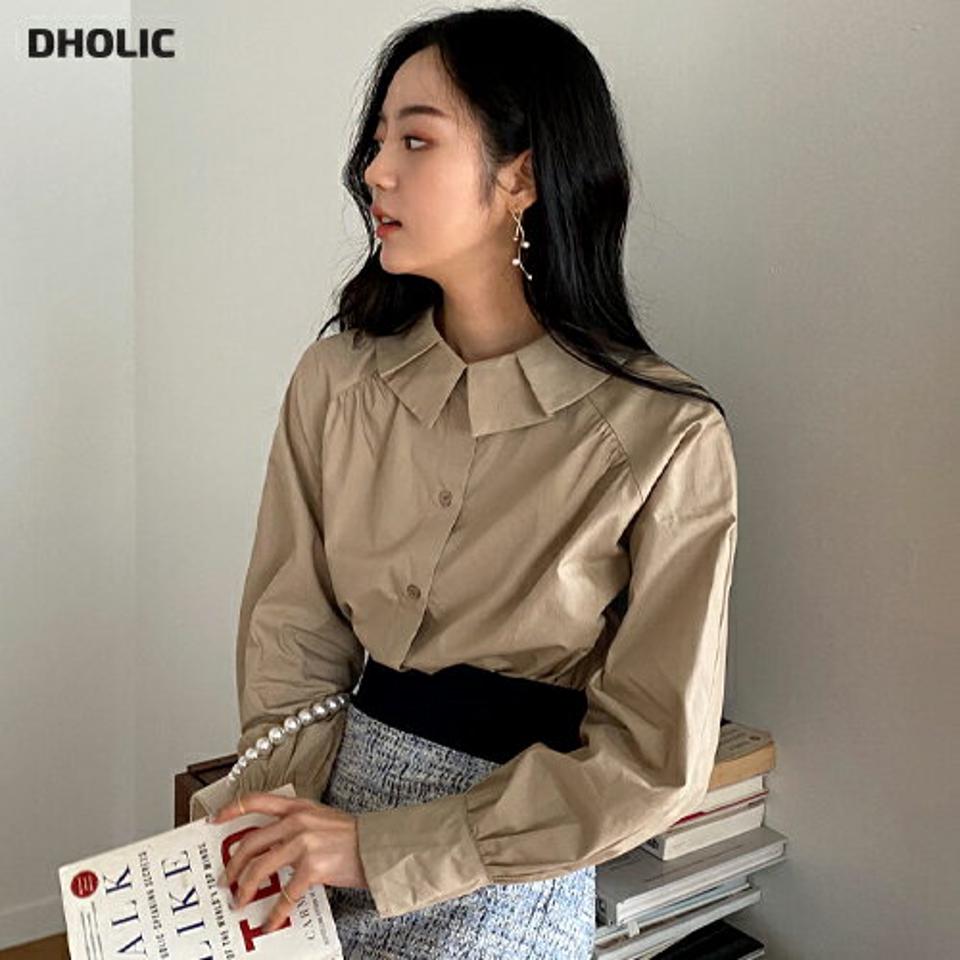 プリーツカラーブラウス・全3色・b66064 レディース 【bl】韓国ファッション トップス ブラウス 長袖 カラーネック プリーツ ギャザー 大人 上品 コットン 無地 ベーシック シンプル フェミニン 体型カバー ガーリー カジュアル 秋 春