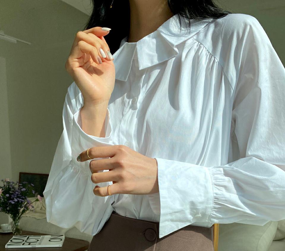 プリーツカラーブラウス・全3色・b66064 レディース 【bl】韓国ファッション トップス ブラウス 長袖 カラーネック プリーツ ギャザー 大人 上品 コットン 無地 ベーシック シンプル フェミニン 体型カバー ガーリー カジュアル 秋 春