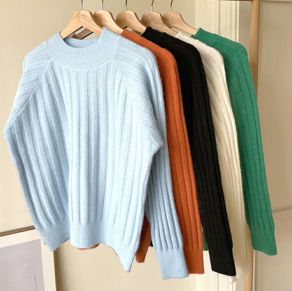 即日配送 リブラグランハーフネックニット・全5色・t70588 レディース 【tops】 トップス ニット 長袖 リブ ラグラン ハーフネック ラウンドネック スリム ベーシック あたたかい カジュアル 体型カバー カラーニット 秋 冬 韓国ファッション ハイホリHIHOLLI
