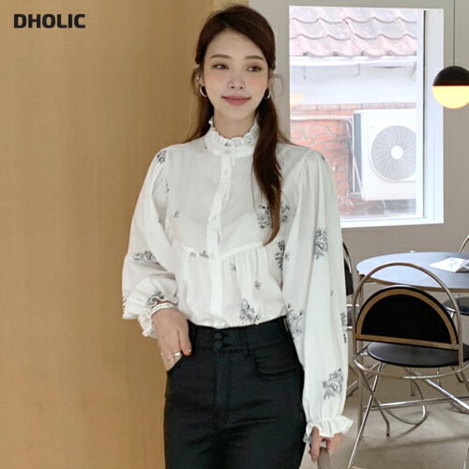 フリルネックフラワー刺繍ブラウス・全1色・t70591 レディース 【bl】 トップス ブラウス 長袖 花柄 パターン フラワー 刺繍 フリルネック ルーズ ゆったり カジュアル 大人 フェミニン 春 秋 冬 韓国ファッション ハイホリHIHOLLI
