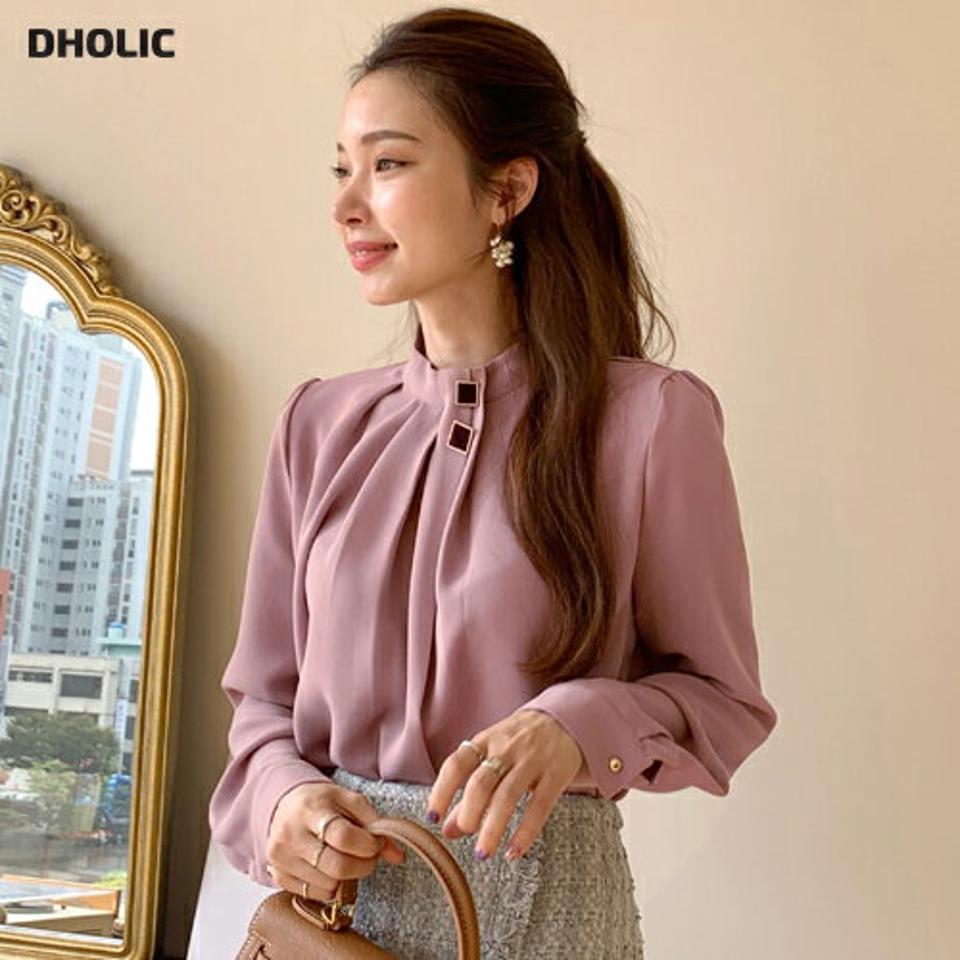 ボタンピンタックブラウス・全3色・b70593 レディース 【bl】 トップス ブラウス 長袖 ボタン ピンタック ハーフネック ゴールド オフィスカジュアル 大人 フェミニン くすみ 春 秋 冬 韓国ファッション ハイホリHIHOLLI