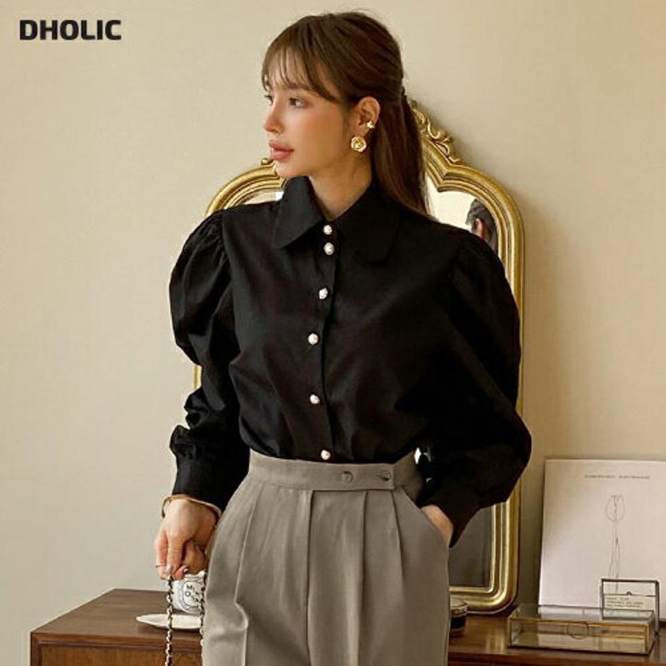 カラーネックフェイクパールブラウス・t70594 レディース 【bl】 トップス ブラウス 長袖 カラーネック ラウンドカラー パール ドライ ルーズ ゆったり オフィスカジュアル 大人 フェミニン 春 秋 冬 韓国ファッション ハイホリHIHOLLI