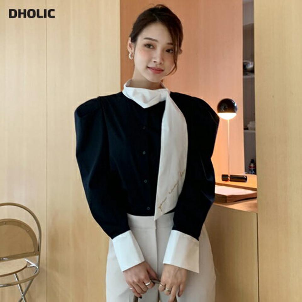 レタリング刺繍リボンブラウス・全3色・b70595 レディース 【bl】 トップス ブラウス 長袖 レタリング 刺繍 リボン ハーフネック オフィスカジュアル 襟コン 大人 フェミニン 春 秋 冬 韓国ファッション ハイホリHIHOLLI