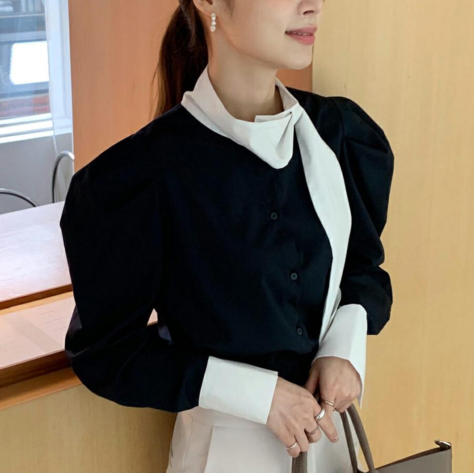 レタリング刺繍リボンブラウス・全3色・b70595 レディース 【bl】 トップス ブラウス 長袖 レタリング 刺繍 リボン ハーフネック オフィスカジュアル 襟コン 大人 フェミニン 春 秋 冬 韓国ファッション ハイホリHIHOLLI