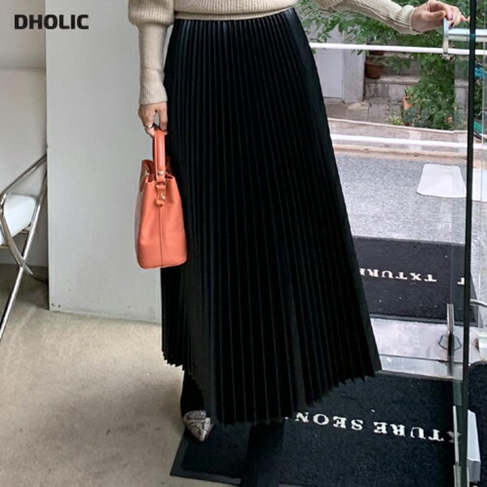 レザー調プリーツスカート・全2色・b70610 レディース 【sk】 ボトムス スカート ロング ロングスカート Aライン レザー調 プリーツ フレア スリム フェミニン 秋 冬 韓国ファッション HIHOLLI