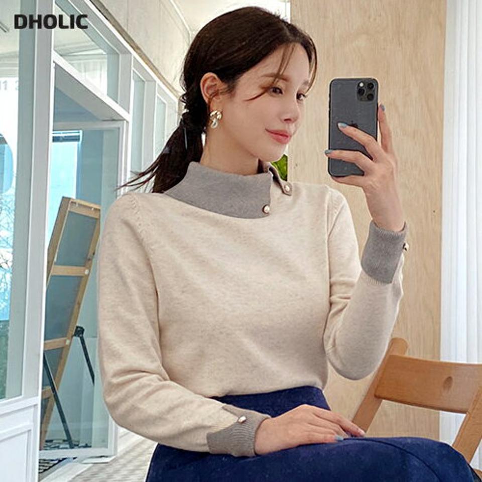 フェイクパールボタン配色ニット・全3色・b00505 レディース 【tops】 トップス ニット 長袖 パール ボタン 配色 ハイネック スリム ベーシック フィット あたたかい 秋 冬 韓国ファッション HIHOLLI