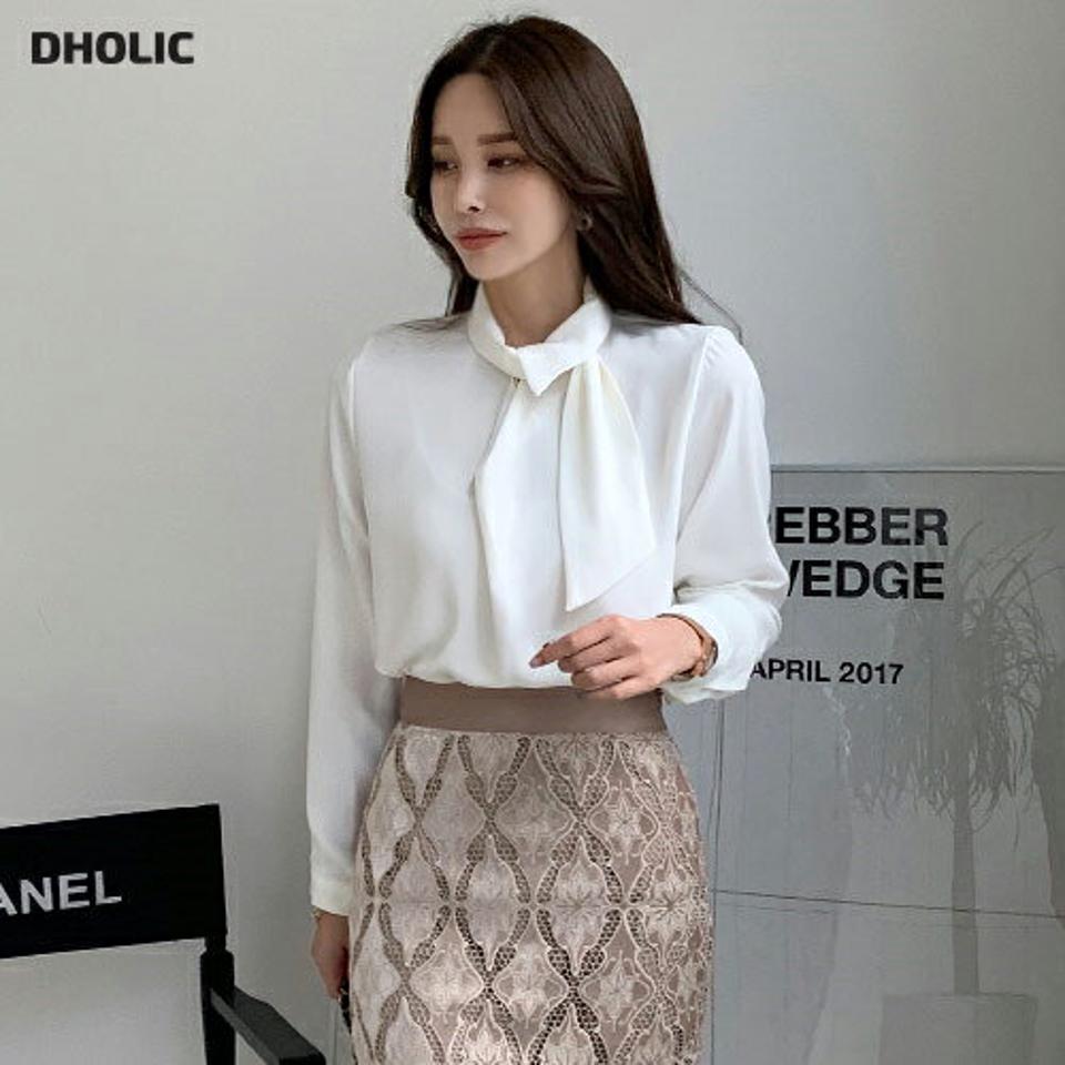 スカーフブラウス・全3色・t00470 レディース 【bl】 トップス ブラウス 長袖 スカーフ ドレープ風 オフィスカジュアル カジュアル 大人 フェミニン 春 オフィス 秋 冬 韓国ファッション ハイホリHIHOLLI