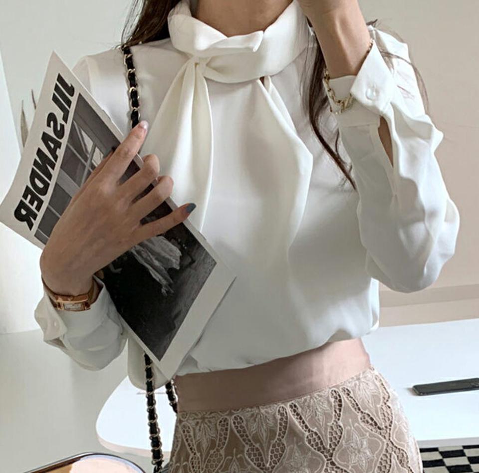 スカーフブラウス・全3色・t00470 レディース 【bl】 トップス ブラウス 長袖 スカーフ ドレープ風 オフィスカジュアル カジュアル 大人 フェミニン 春 オフィス 秋 冬 韓国ファッション ハイホリHIHOLLI