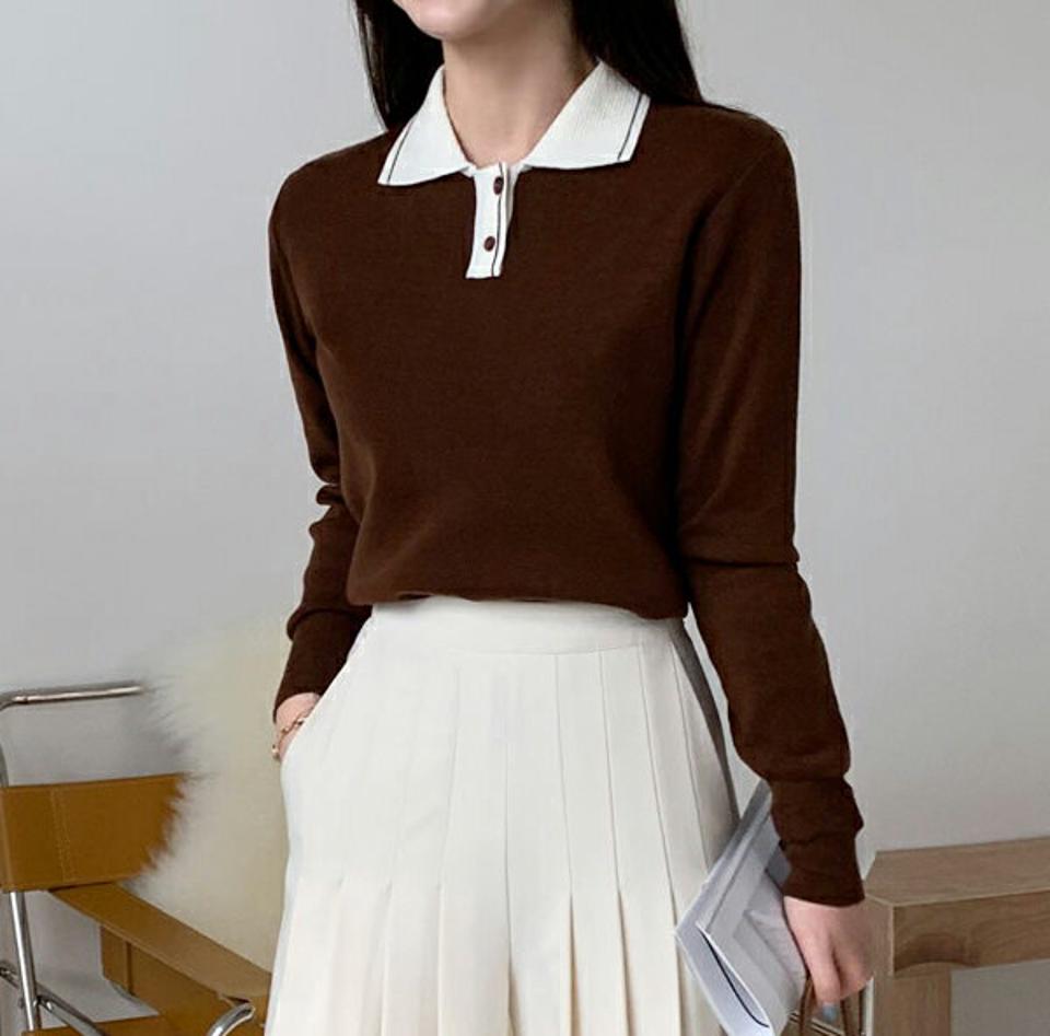 配色カラーボタンニット・全3色・b00475 レディース 【tops】 トップス ニット 長袖 Vネック 配色 ボタン カラーネック スリム ベーシック ポロ襟 暖かい カジュアル 体型カバー 秋 冬 韓国ファッション ハイホリHIHOLLI