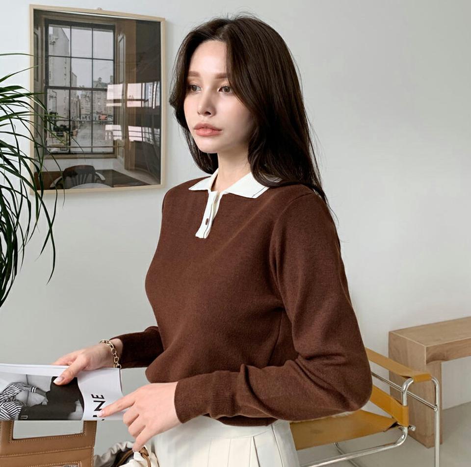 配色カラーボタンニット・全3色・b00475 レディース 【tops】 トップス ニット 長袖 Vネック 配色 ボタン カラーネック スリム ベーシック ポロ襟 暖かい カジュアル 体型カバー 秋 冬 韓国ファッション ハイホリHIHOLLI