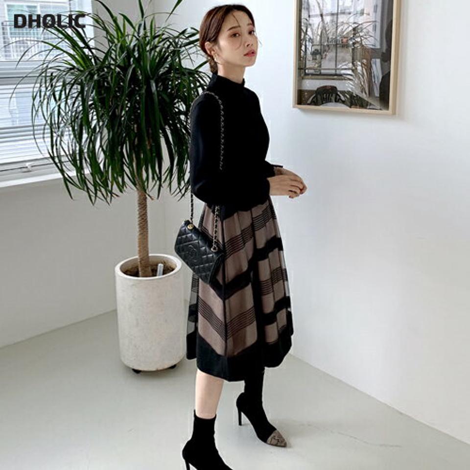 【新作10%OFF】ベルト付ミックスボーダーワンピース・全3色・t00479 レディース 【ops】 ワンピース ロング ロングワンピース 長袖 ベルト付 ハイネック ボーダー 異素材 パターン フレア Aライン 秋 冬 韓国ファッション ハイホリHIHOLLI