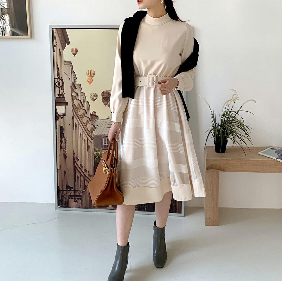 【新作10%OFF】ベルト付ミックスボーダーワンピース・全3色・t00479 レディース 【ops】 ワンピース ロング ロングワンピース 長袖 ベルト付 ハイネック ボーダー 異素材 パターン フレア Aライン 秋 冬 韓国ファッション ハイホリHIHOLLI