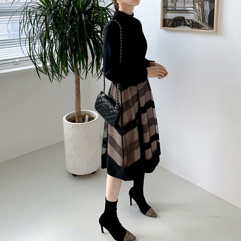 【新作10%OFF】ベルト付ミックスボーダーワンピース・全3色・t00479 レディース 【ops】 ワンピース ロング ロングワンピース 長袖 ベルト付 ハイネック ボーダー 異素材 パターン フレア Aライン 秋 冬 韓国ファッション ハイホリHIHOLLI