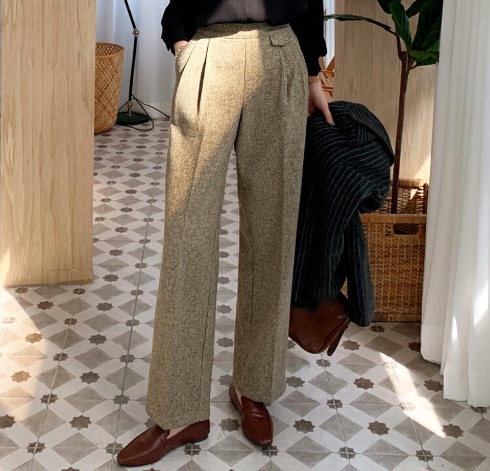 タックフラップスラックス・全2色・t00491 レディース 【pt】 ボトムス ロング ロングパンツ タックフラップ メランジ ワイド スリム カジュアル ストレート 着痩せ 長足 秋 冬 韓国ファッション ハイホリHIHOLLI