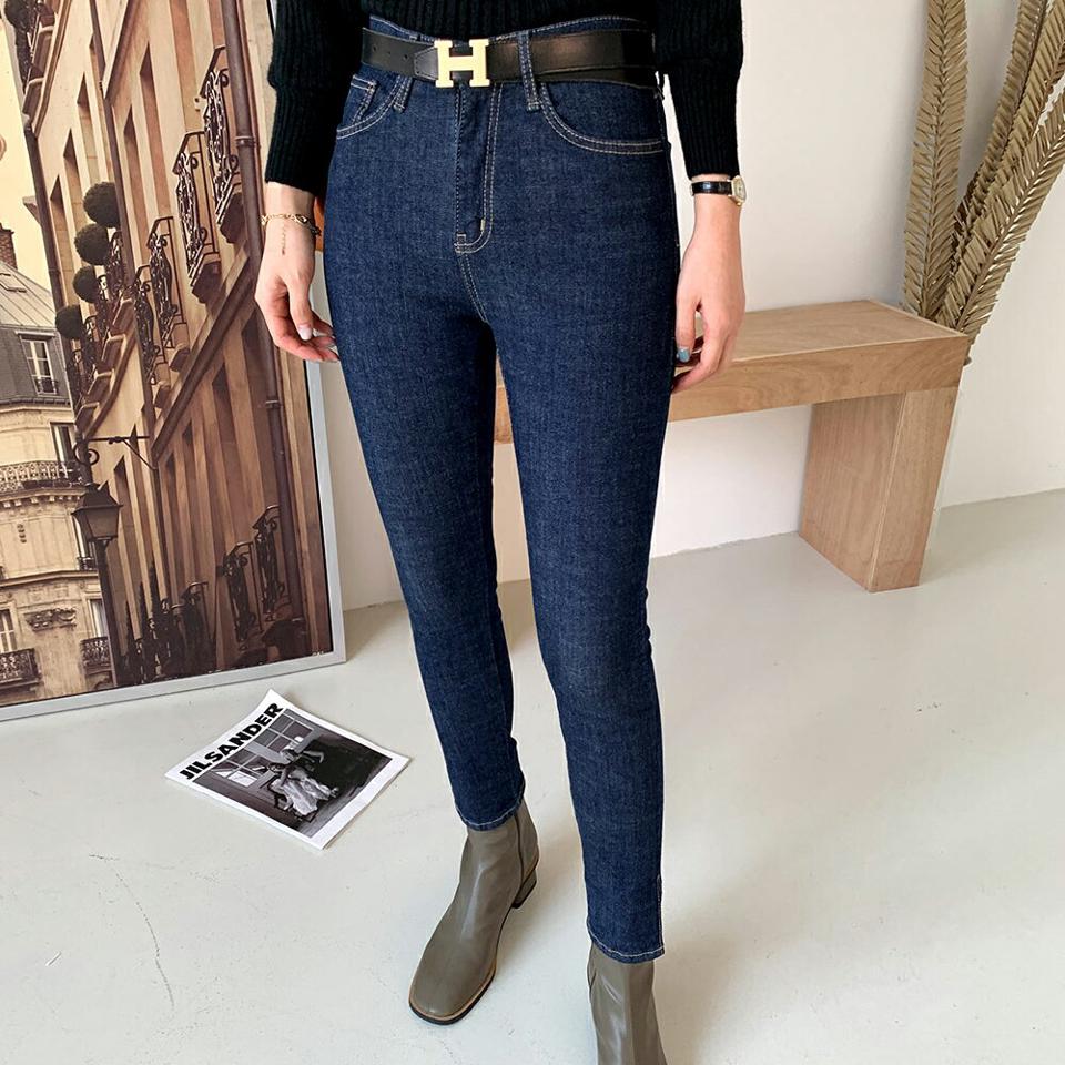 スキニーデニムパンツ・全2色・t00492 レディース 【pt】 ボトムス ロング ロングパンツ デニム スキニー スリム フィット カジュアル ストレート 体型カバー 着痩せ 長足 秋 冬 韓国ファッション ハイホリHIHOLLI