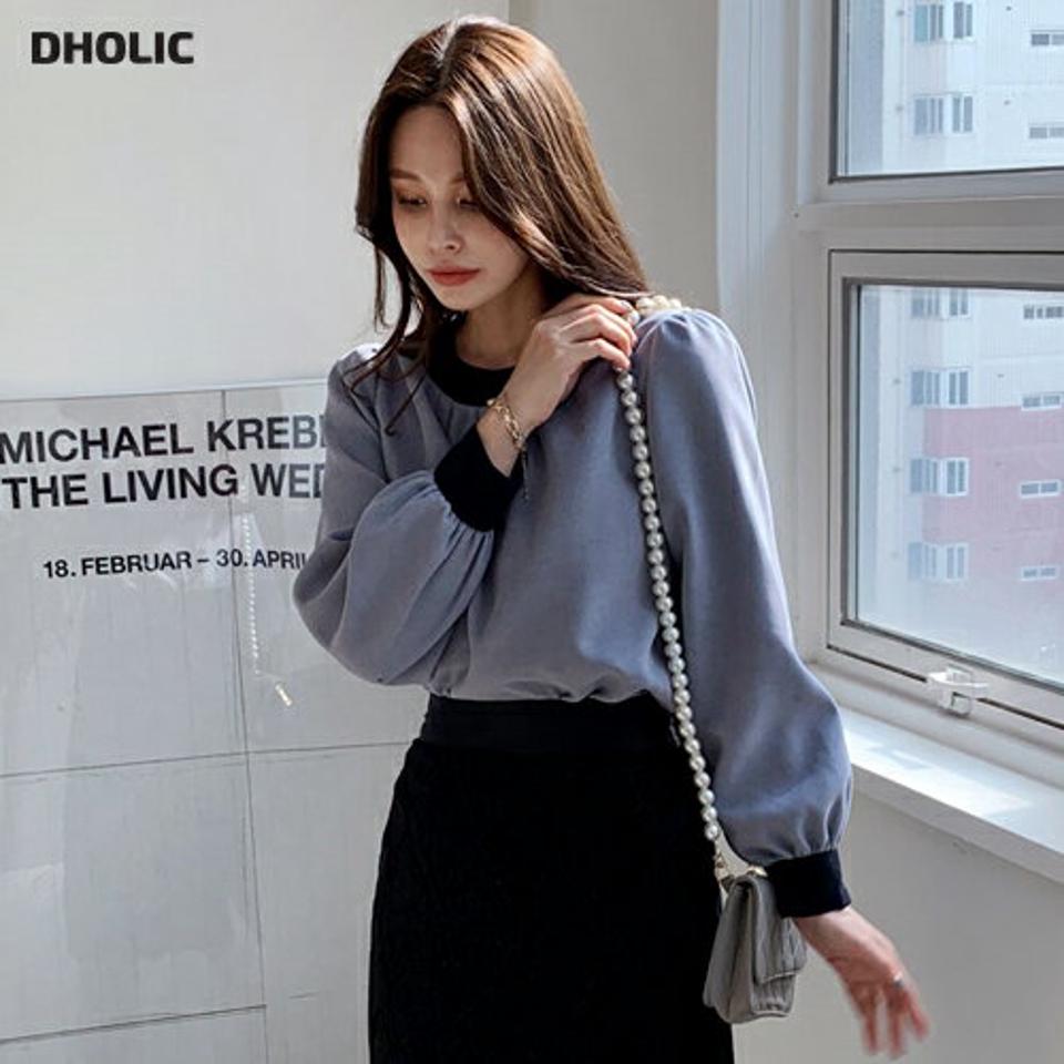 配色コーデュロイブラウス・全3色・t00503 レディース 【bl】 トップス ブラウス 長袖 配色 コーデュロイ ラウンドネック ギャザー オフィスカジュアル カジュアル 大人 フェミニン 春 オフィス バイカラー 秋 冬 韓国ファッション ハイホリHIHOLLI