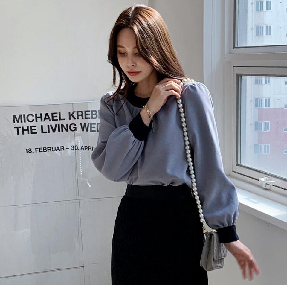 配色コーデュロイブラウス・全3色・t00503 レディース 【bl】 トップス ブラウス 長袖 配色 コーデュロイ ラウンドネック ギャザー オフィスカジュアル カジュアル 大人 フェミニン 春 オフィス バイカラー 秋 冬 韓国ファッション ハイホリHIHOLLI