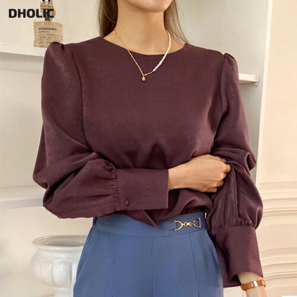 【10%OFF】ワイドカフス長袖ブラウス・全3色・b70683 レディース 【bl】 トップス ブラウス 長袖 ワイドカフス 長袖 光沢 ラウンドネック オフィスカジュアル カジュアル 大人 フェミニン 春 オフィス 秋 冬 韓国ファッション ハイホリHIHOLLI【blセール】