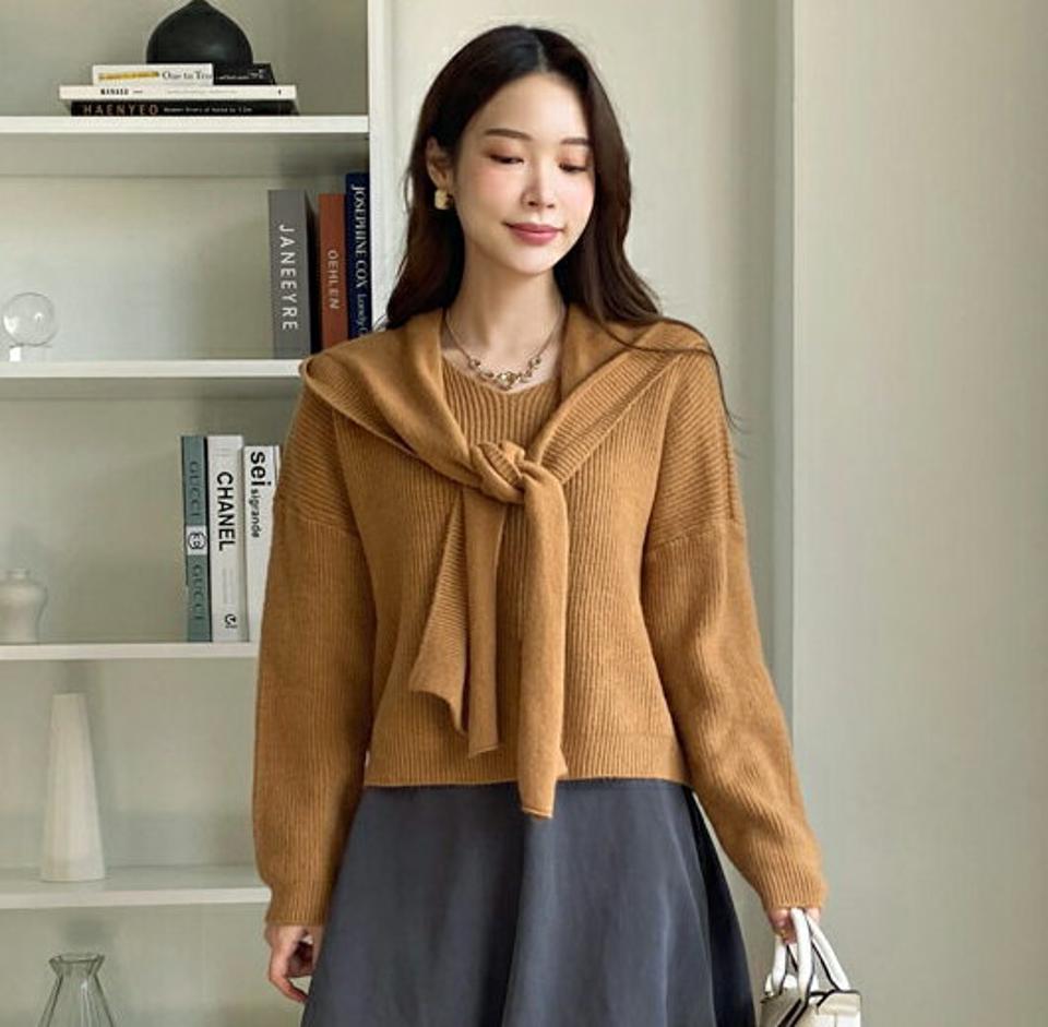 フードショールニット・全4色・b70658 レディース 【tops】 トップス ニット 長袖 フード ショール ショール風 レイヤード風 べーシック あたたかい カジュアル ルーズ ゆったり 秋 冬 韓国ファッション HIHOLLI