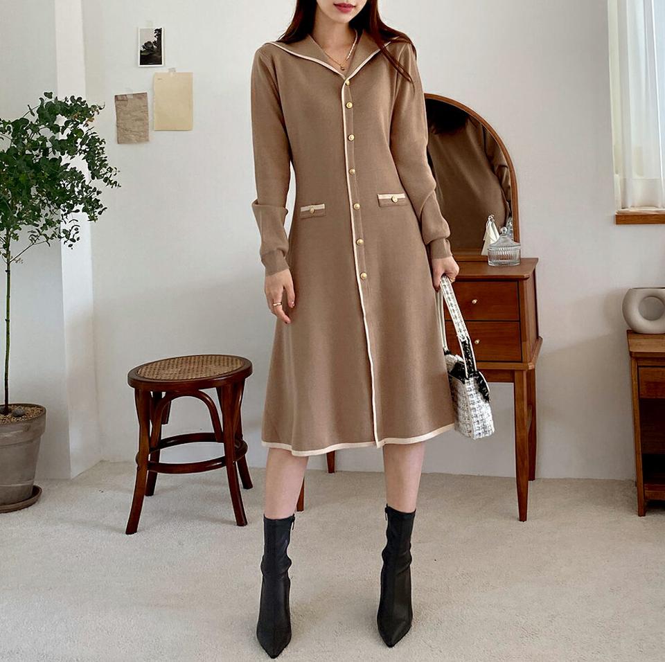 配色ラインボタンワンピース・全2色・b70691 レディース 【ops】 ワンピース ロング ロングワンピース 長袖 小顔 セーラーカラー 配色 ライン ボタン Aライン フィット スリム フレア 秋 冬 韓国ファッション ハイホリHIHOLLI