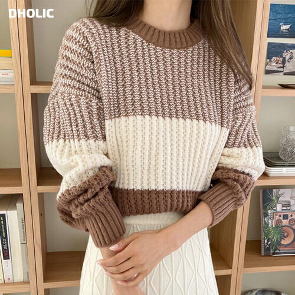 トリプルコントラストニット・全2色・b65673 レディース 【tops】韓国ファッション トップス ニット 大人 長袖 ラウンドネック ルーズ トリプルコントラスト シンプル カジュアル フェミニン 上品 デイリー 秋 冬