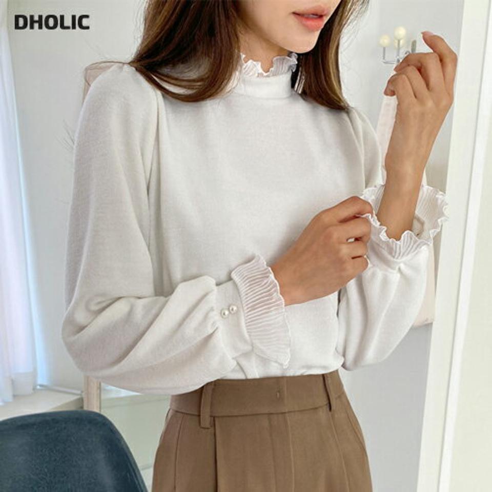プリーツ配色長袖Tシャツ・全3色・t65653 レディース 【tops】韓国ファッション トップス Tシャツ 大人 長袖 ラウンドネック プリーツ 配色 無地 ベーシック シンプル カジュアル スリム 体型カバー 細身 フェミニン デイリー 上品 秋 冬