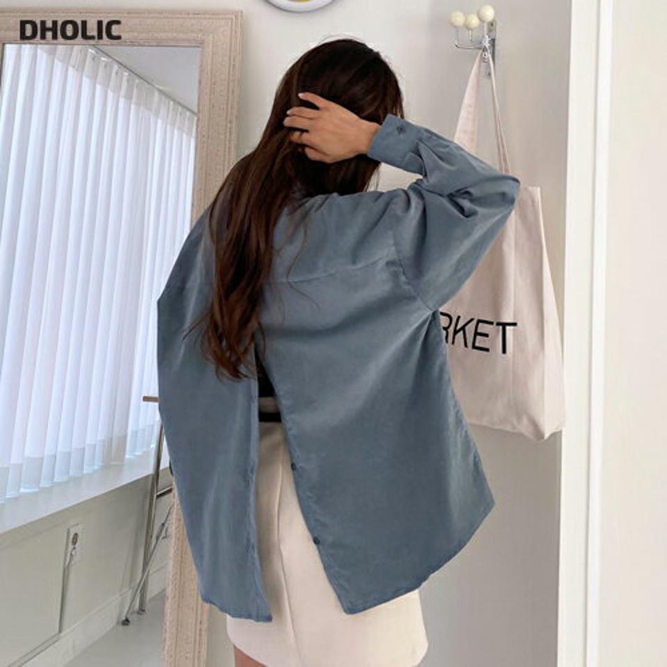 コーデュロイバックボタンシャツ・全5色・t65654 レディース 【bl】韓国ファッション トップス シャツ 長袖 カラーネックク コーデュロイ 上品 ボタン 無地 単色 ベーシック シンプル カジュアル ルーズ ガーリー 秋 冬