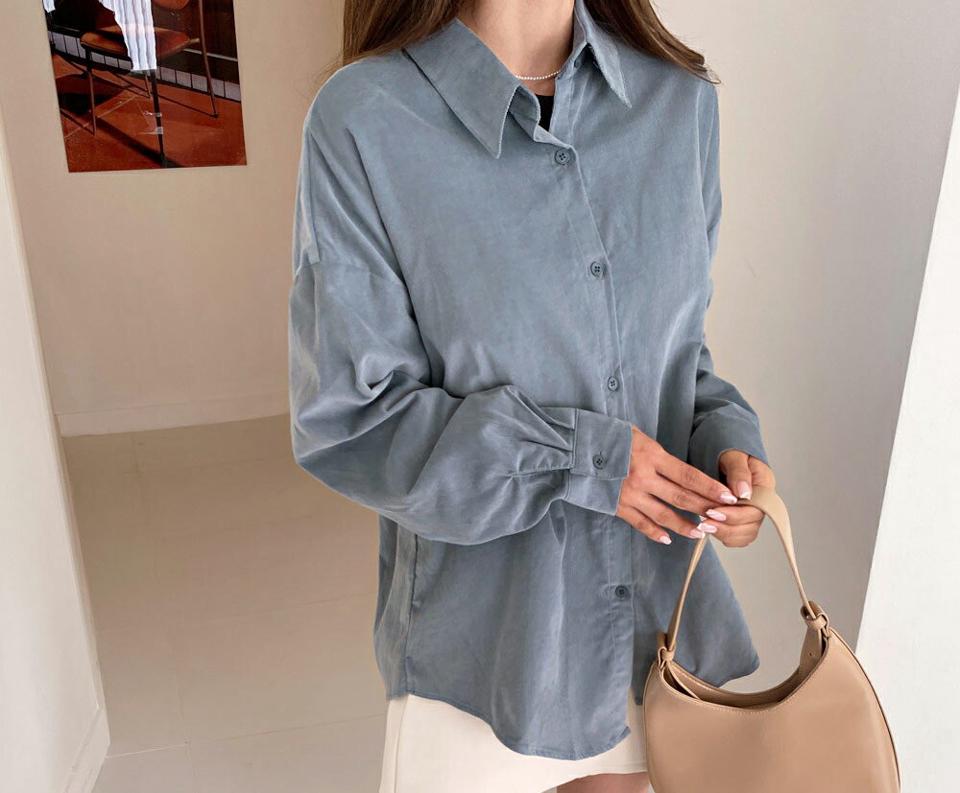 コーデュロイバックボタンシャツ・全5色・t65654 レディース 【bl】韓国ファッション トップス シャツ 長袖 カラーネックク コーデュロイ 上品 ボタン 無地 単色 ベーシック シンプル カジュアル ルーズ ガーリー 秋 冬