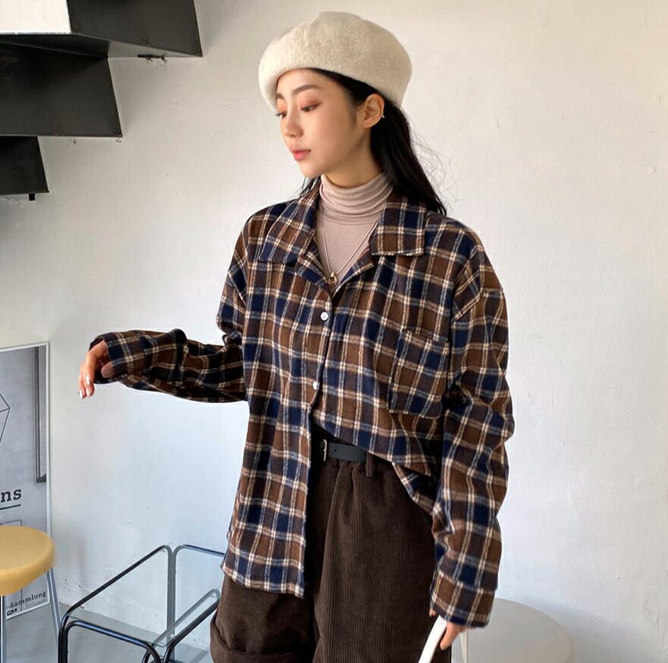 ソフトタッチチェックシャツ・全3色・t63018 レディース 【bl】韓国ファッション トップス シャツ 長袖 カラーネックク チェックシャツ チェック柄 上品 ボタン ポケット シンプル カジュアル ルーズ ガーリー 秋 冬