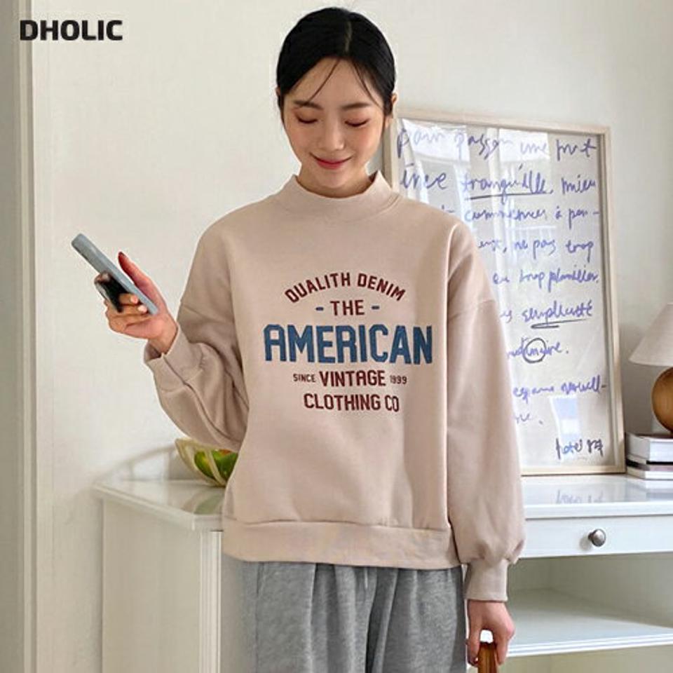裏起毛AMERICANスウェット・全4色・b62978 レディース 【tops】韓国ファッション トップス スウェット 大人 長袖 ハーフネック 裏起毛 ロゴ レタリング ベーシック シンプル カジュアル ルーズ 体型カバー 秋 冬