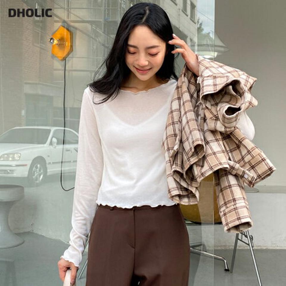 ウェーブラウンドTシャツ・全4色・t63023 レディース 【tops】韓国ファッション トップス Tシャツ 大人 長袖 ラウンドネック ウェーブ ショート丈 無地 ベーシック シンプル カジュアル 体型カバー 細身 フェミニン デイリー 上品 秋 春