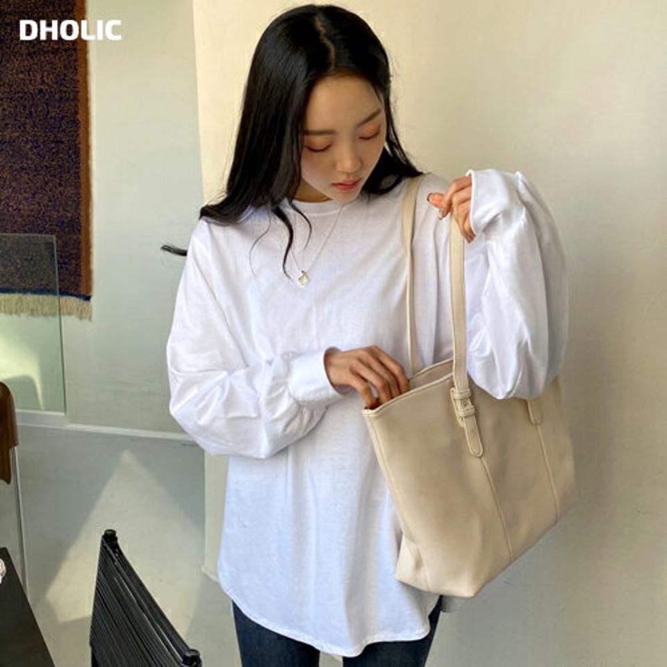 スリットラウンドネックTシャツ・全2色・t62977 レディース 【tops】韓国ファッション トップス Tシャツ 大人 長袖 ラウンドネック スリット 無地 ベーシック シンプル カジュアル 体型カバー 細身 フェミニン デイリー 上品 秋 春