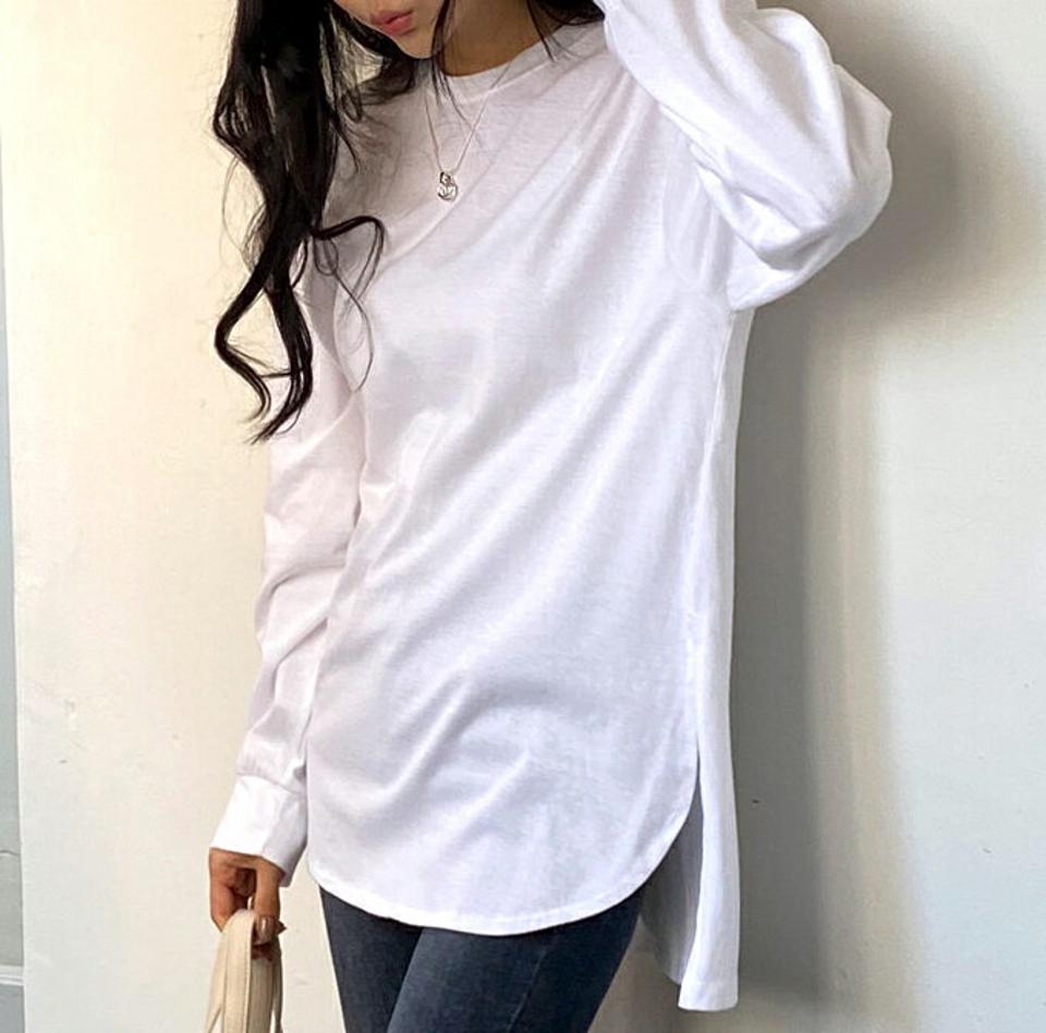 スリットラウンドネックTシャツ・全2色・t62977 レディース 【tops】韓国ファッション トップス Tシャツ 大人 長袖 ラウンドネック スリット 無地 ベーシック シンプル カジュアル 体型カバー 細身 フェミニン デイリー 上品 秋 春