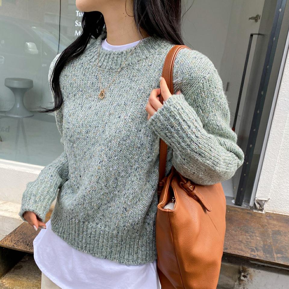 カラーミックスラウンドニット・全4色・b62983 レディース 【tops】韓国ファッション トップス ニット 大人 長袖 ラウンドネック ミックスカラー リブ ベーシック シンプル カジュアル 体型カバー スリム フェミニン 上品 デイリー 秋 冬