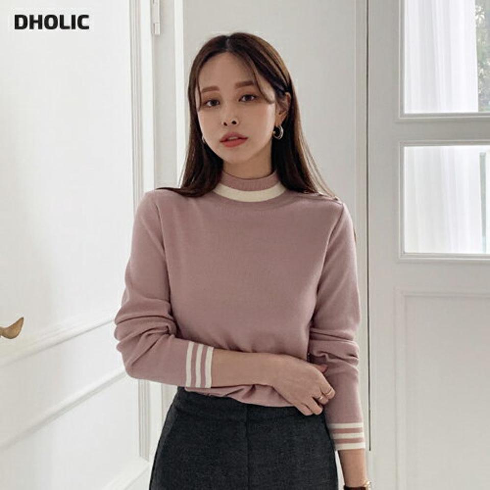 ショルダーゴールドボタンハーフネックニット・b70637 レディース 【tops】 トップス ニット 長袖 ハーフネック ショルダーボタン スリム ベーシック カラーニット バイカラー 体型カバー 秋 冬 インしない 韓国ファッション ハイホリHIHOLLI