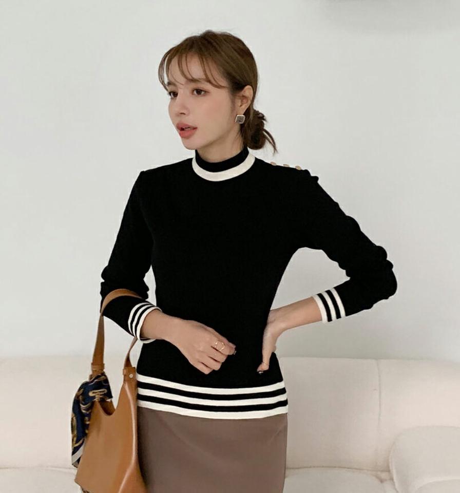 ショルダーゴールドボタンハーフネックニット・b70637 レディース 【tops】 トップス ニット 長袖 ハーフネック ショルダーボタン スリム ベーシック カラーニット バイカラー 体型カバー 秋 冬 インしない 韓国ファッション ハイホリHIHOLLI