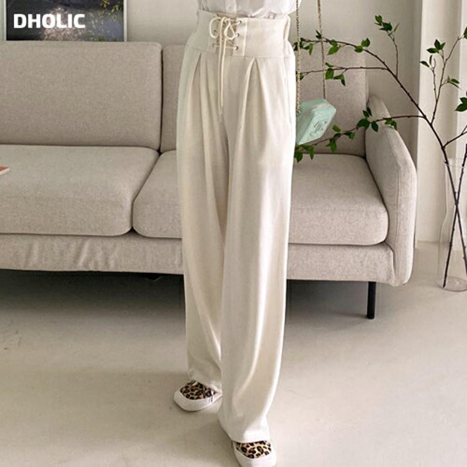 レースアップハイウエストパンツ・全3色・t63014 レディース 【pt】韓国ファッション ボトムス ロング ロングパンツ レースアップ ハイウエストパンツ ロング丈 ワイド ゴム シンプル 体型カバー 足長 美脚 フェミニン 秋 春